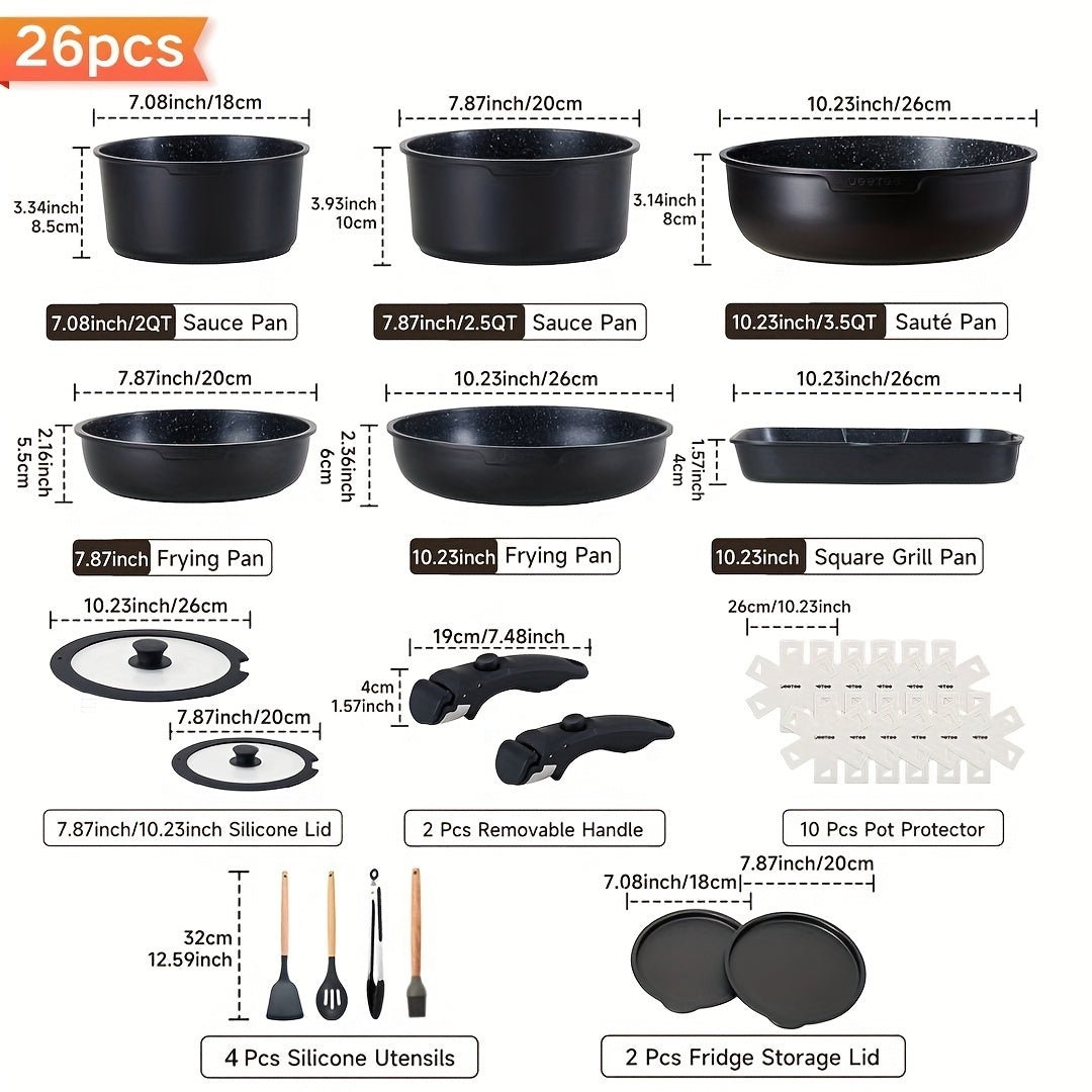 Toolavo Six-Piece Detachable Handle Pot Set – Space-Saving Non-Stick Cookware with Removable Handles, Multi-Purpose Pots for Gas & Induction Cookers - Toolavo