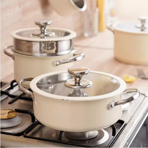 Toolavo 9-Piece Stainless Steel Ceramic Coated Cookware Set – Includes Milk Pot, 2 Stockpots, 1 Non-Stick Pan, 4 Glass Lids & 1 Steamer | Gas & Induction Compatible | Eco-Friendly, Oven & Dishwasher Safe - Toolavo