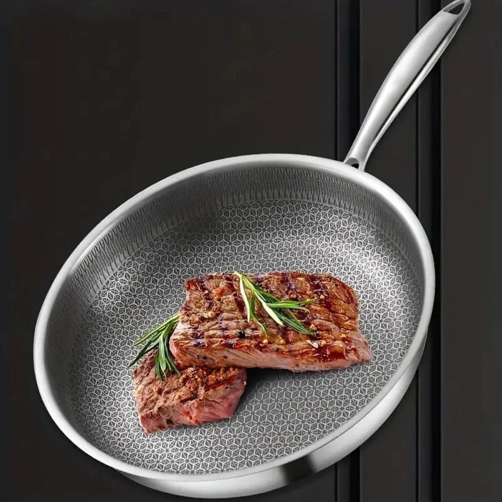 Toolavo 304 Stainless Steel Honeycomb Wok – 28cm Non-Stick Frying Pan with Glass Lid, Double Sole Base, Induction & Gas Compatible Gift Cookware - Toolavo