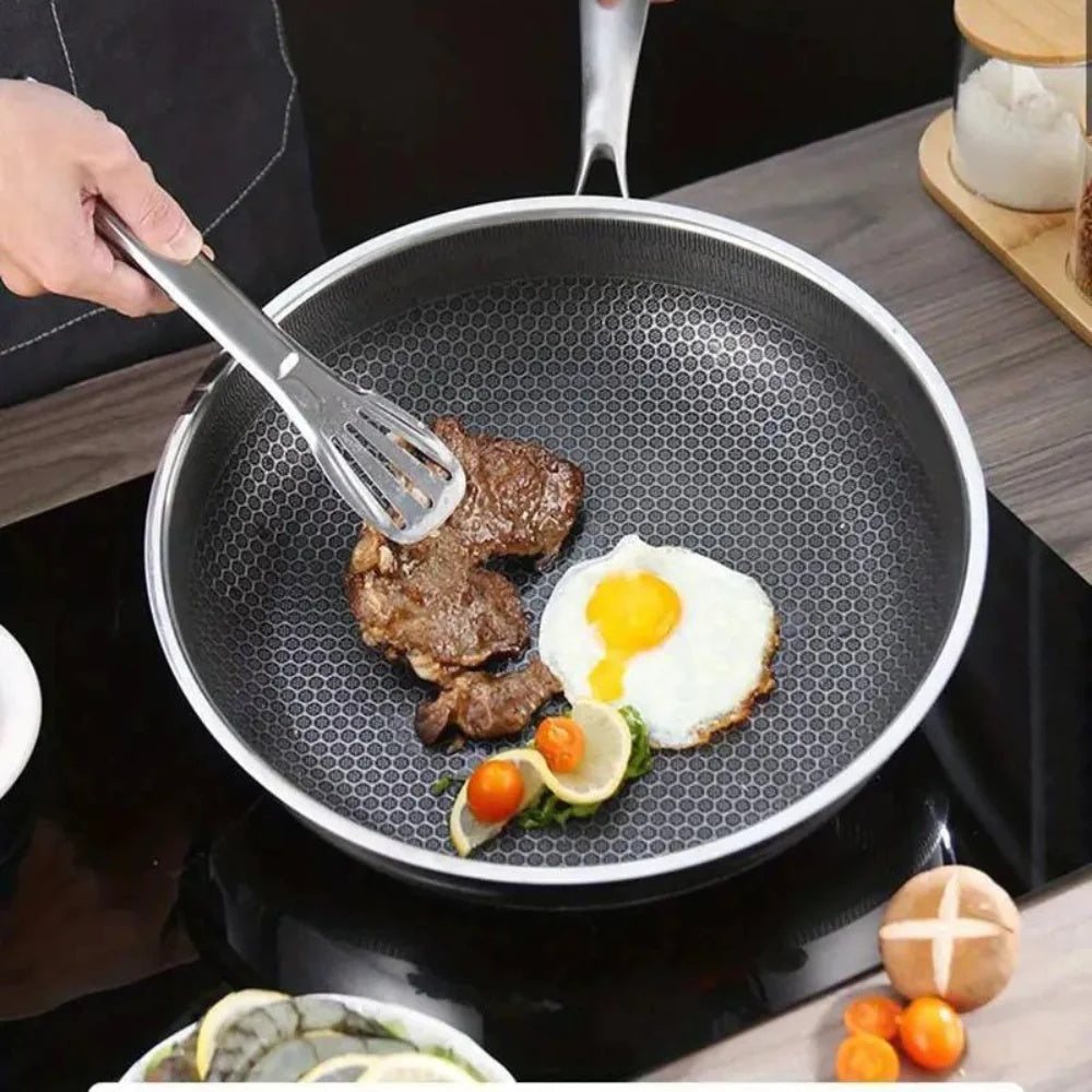 Toolavo 304 Stainless Steel Honeycomb Wok – 28cm Non-Stick Frying Pan with Glass Lid, Double Sole Base, Induction & Gas Compatible Gift Cookware - Toolavo