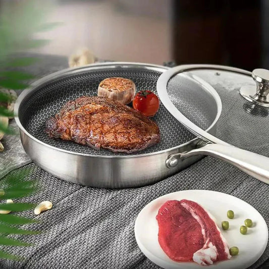 Toolavo 304 Stainless Steel Honeycomb Wok – 28cm Non-Stick Frying Pan with Glass Lid, Double Sole Base, Induction & Gas Compatible Gift Cookware - Toolavo