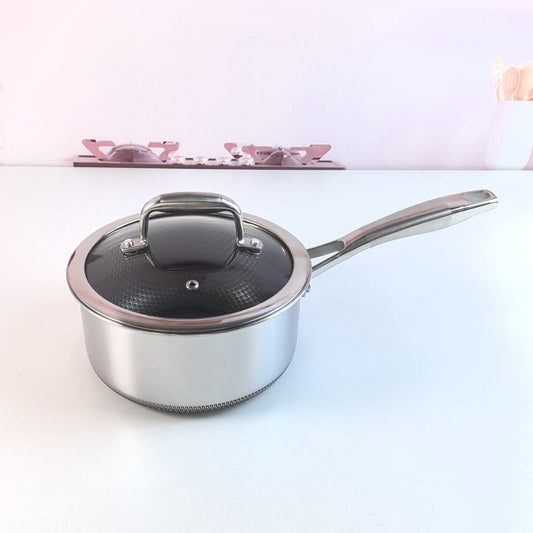 Toolavo 18cm 316 Stainless Steel Milk Pot with Glass Lid – Non-Stick, Tri-Layer Composite Base, Flat Bottom, Durable Western Style Cookware - Toolavo