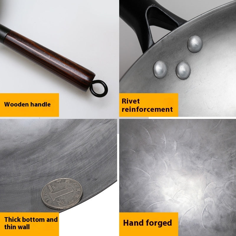 Toolavo Handmade Non-Coated Frying Pan β Non-Stick Refined Iron Pan with Wooden Handle & Glass Lid | Chinese Style Stir-Fry Pan | Naturally Non-Stick, Chemical-Free | 28β36cm Sizes - Toolavo