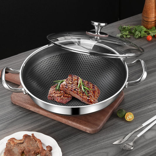 Toolavo Double-Sided Honeycomb Braising Pan – 32cm Non-Stick Frying Skillet, Multi-Purpose for Induction & Gas Stoves, Glass Lid Included - Toolavo