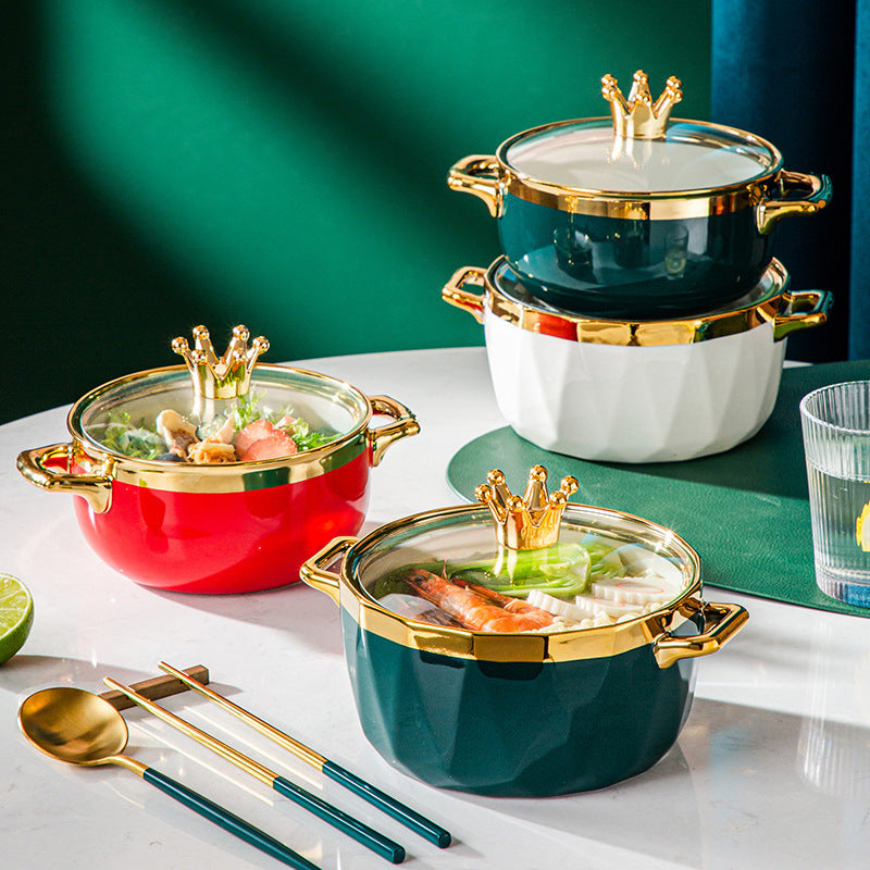Toolavo Instant Noodle Bowl with Lid – Ceramic Soup Bowl for Dormitory & Household Use, Stylish Luxury Design, Microwave-Free Dining Bowl - Toolavo