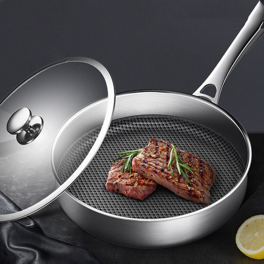 Toolavo 304L Stainless Steel Honeycomb Non-Stick Frying Pan – Smokeless Cooking Skillet with Glass Lid, Multi-Stove Compatible, Durable Everyday Pan for Home Kitchens - Toolavo