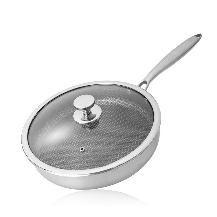Toolavo 304 Stainless Steel Honeycomb Wok – 28cm Non-Stick Frying Pan with Glass Lid, Double Sole Base, Induction & Gas Compatible Gift Cookware - Toolavo