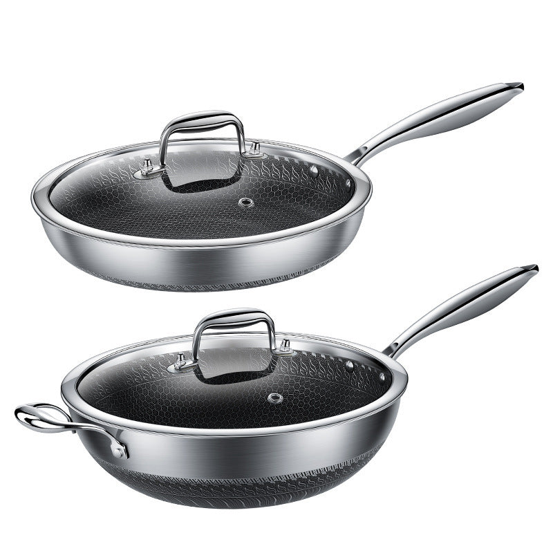 Toolavo Double-Sided Honeycomb Frying Pan – 316 Stainless Steel Wok & Skillet with Glass Lid, Non-Stick, Tri-Layer Bottom (28cm / 30cm / 32cm / 34cm) - Toolavo