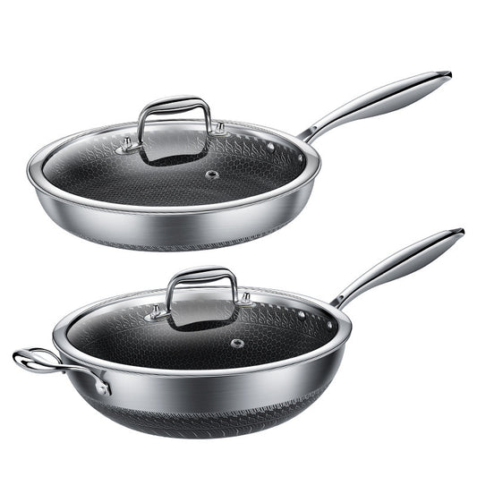 Toolavo Double-Sided Honeycomb Frying Pan β 316 Stainless Steel Wok & Skillet with Glass Lid, Non-Stick, Tri-Layer Bottom (28cm / 30cm / 32cm / 34cm) - Toolavo