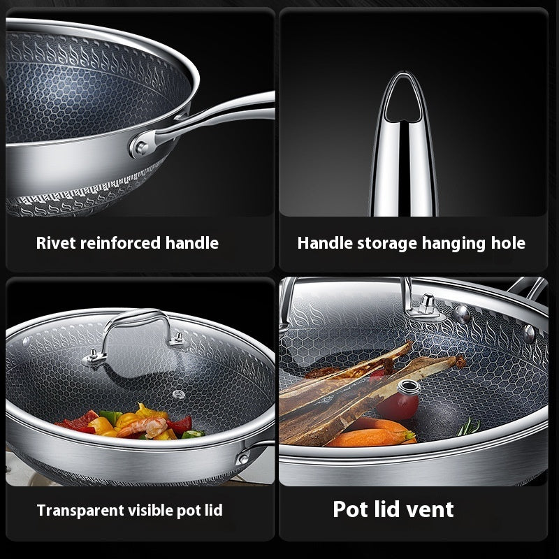 Toolavo Double-Sided Honeycomb Frying Pan – 316 Stainless Steel Wok & Skillet with Glass Lid, Non-Stick, Tri-Layer Bottom (28cm / 30cm / 32cm / 34cm) - Toolavo