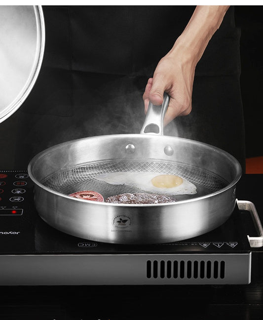Toolavo 304L Stainless Steel Honeycomb Non-Stick Frying Pan – Smokeless Cooking Skillet with Glass Lid, Multi-Stove Compatible, Durable Everyday Pan for Home Kitchens - Toolavo