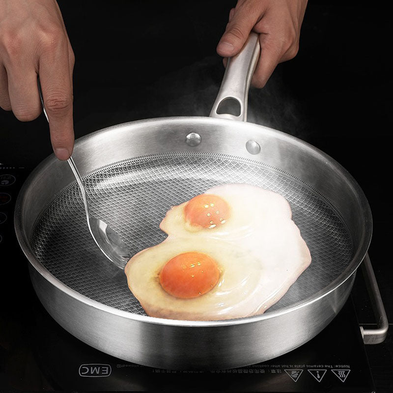 Toolavo 304L Stainless Steel Honeycomb Non-Stick Frying Pan – Smokeless Cooking Skillet with Glass Lid, Multi-Stove Compatible, Durable Everyday Pan for Home Kitchens - Toolavo