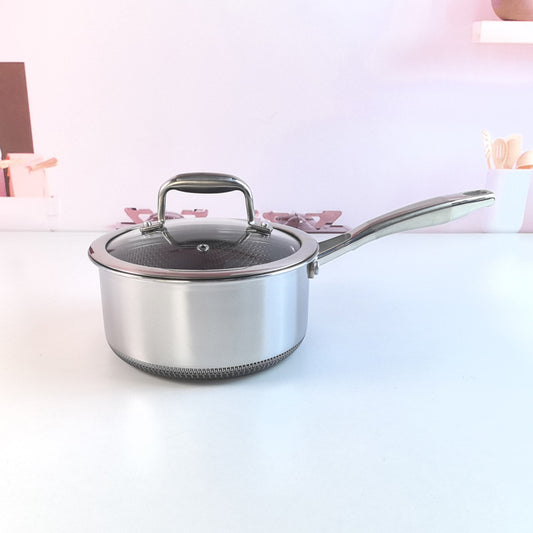 Toolavo 18cm 316 Stainless Steel Milk Pot with Glass Lid – Non-Stick, Tri-Layer Composite Base, Flat Bottom, Durable Western Style Cookware - Toolavo