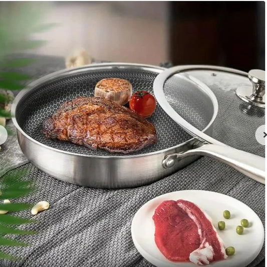 Toolavo 304 Stainless Steel Honeycomb Wok – 28cm Non-Stick Frying Pan with Glass Lid, Double Sole Base, Induction & Gas Compatible Gift Cookware - Toolavo