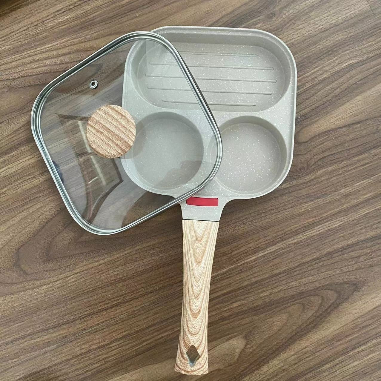 Toolavo 4-Hole Non-Stick Frying Pan with Lid – Aluminum Alloy Breakfast Skillet for Eggs, Pancakes & Tamagoyaki, Induction Compatible, Easy-Clean Design - Toolavo