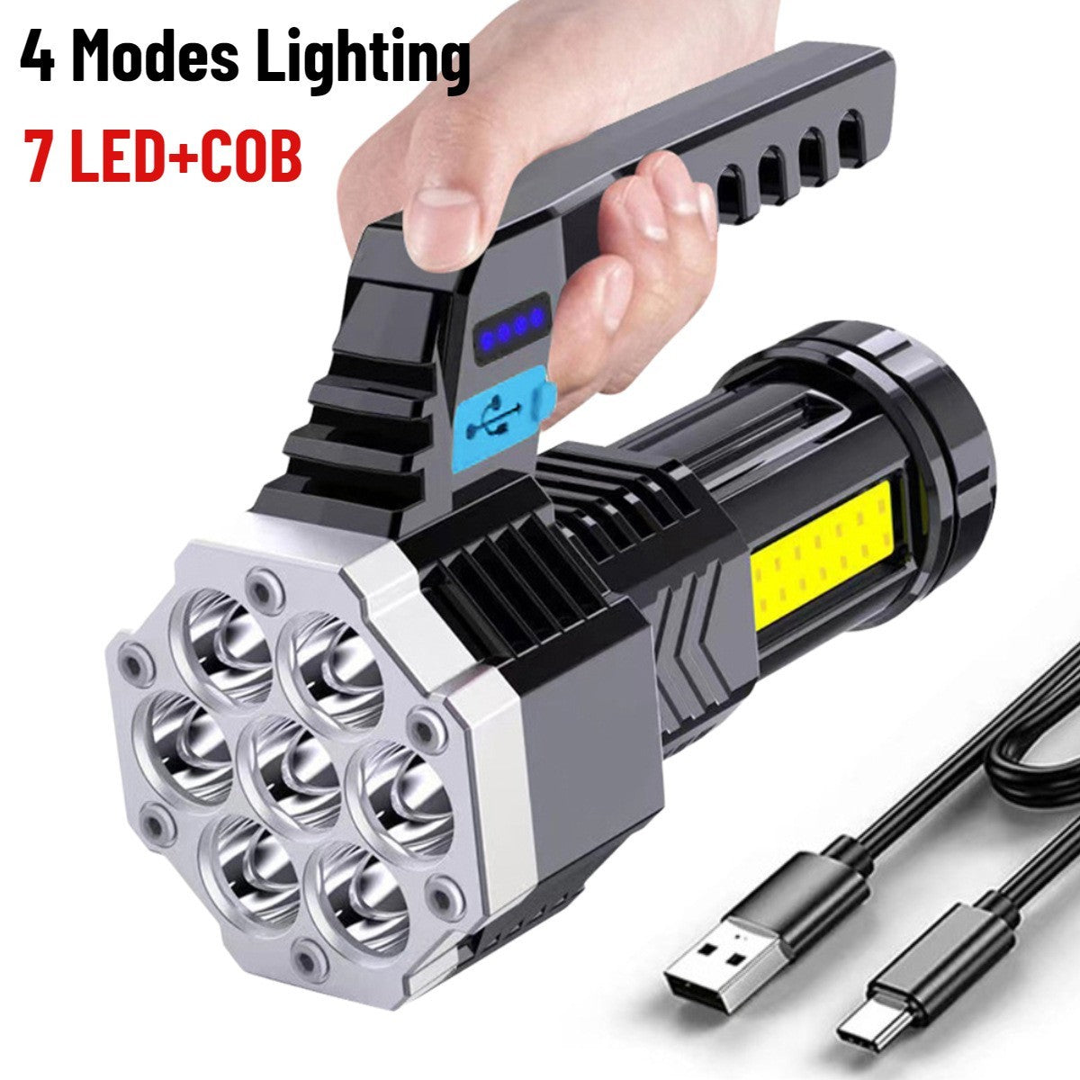 7 LED Rechargeable Flashlight – COB Torch with 4 Modes, USB Charging, Waterproof Work Light