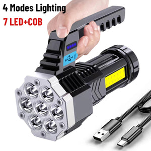 7 LED Rechargeable Flashlight – COB Torch with 4 Modes, USB Charging, Waterproof Work Light