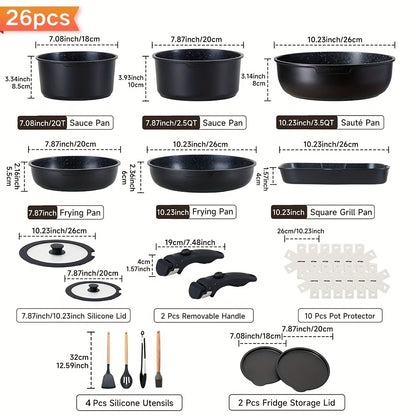 Toolavo Six-Piece Detachable Handle Pot Set – Space-Saving Non-Stick Cookware with Removable Handles, Multi-Purpose Pots for Gas & Induction Cookers - Toolavo