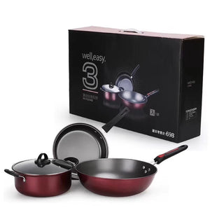 Toolavo 3-Piece Non-Stick Cookware Set – Wok, Soup Pot & Frying Pan with Glass Lid | Gift Box Kitchen Set