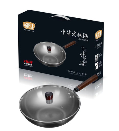 toolavo Old Iron Pot – Hand-Forged Non-Coated Non-Stick Frying Pan with Glass Lid, 32cm Chinese Style - Toolavo