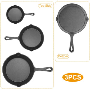 Toolavo 3Pcs Pre-Seasoned Cast Iron Skillet Set – 6in, 8in, 10in Non-Stick Oven Safe Frying Pans for Cooking & Baking