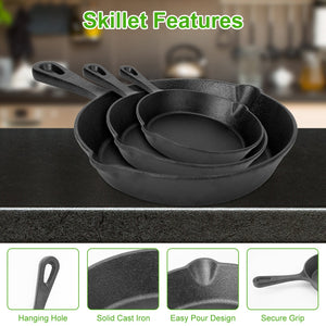 Toolavo 3Pcs Pre-Seasoned Cast Iron Skillet Set – 6in, 8in, 10in Non-Stick Oven Safe Frying Pans for Cooking & Baking