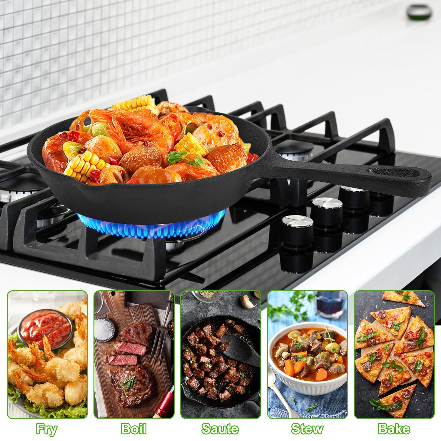 Toolavo 3Pcs Pre-Seasoned Cast Iron Skillet Set – 6in, 8in, 10in Non-Stick Oven Safe Frying Pans for Cooking & Baking