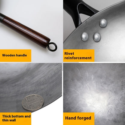 Toolavo Handmade Non-Coated Frying Pan – Non-Stick Refined Iron Pan with Wooden Handle & Glass Lid | Chinese Style Stir-Fry Pan | Naturally Non-Stick, Chemical-Free | 28–36cm Sizes - Toolavo