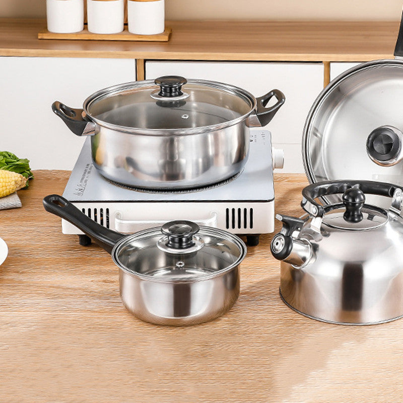 Toolavo Stainless Steel Pot Set with Milk Pot, Soup Pot, Frying Pan & Kettle – Durable Cookware with Glass Lids for Everyday Cooking - Toolavo