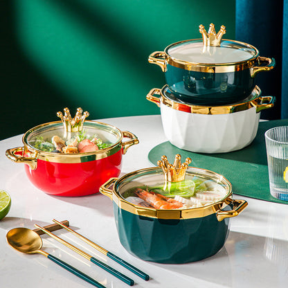 Toolavo Instant Noodle Bowl with Lid – Ceramic Soup Bowl for Dormitory & Household Use, Stylish Luxury Design, Microwave-Free Dining Bowl - Toolavo