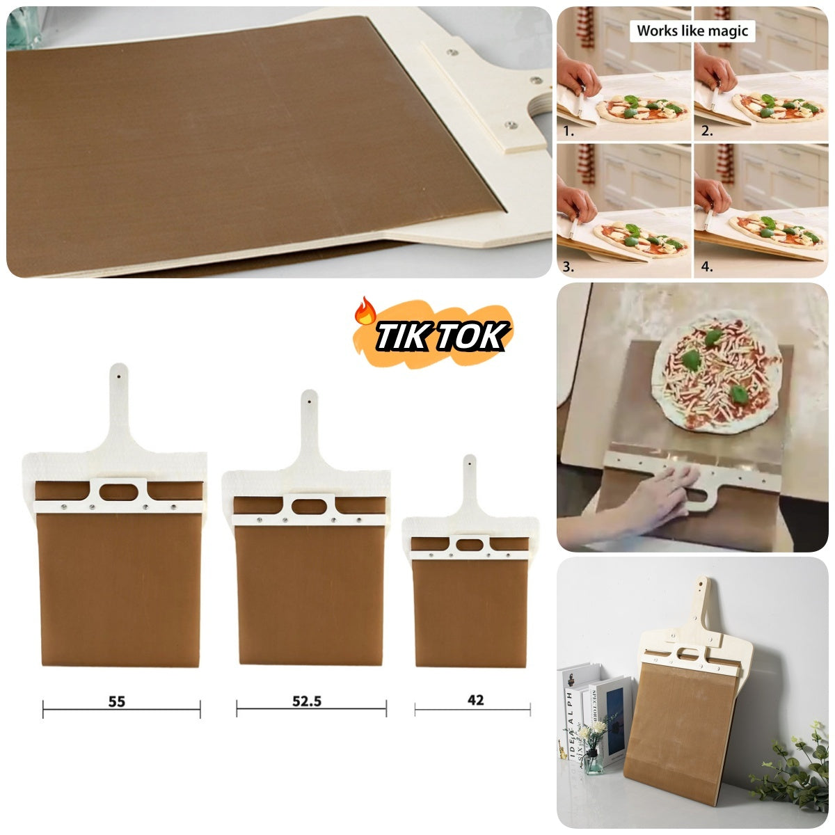 Toolavo 3 Sizes Sliding Pizza Peel Shovel with Wooden Handle – Non-Stick Pizza Paddle & Transfer Board for Baking, Cakes & Bread