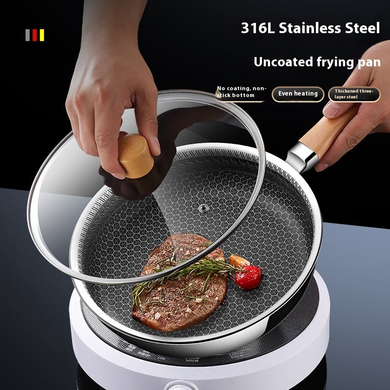 Toolavo 316 Stainless Steel Uncoated Frying Pan – Honeycomb Non-Stick Pan with Multi-Layer Base & Glass Lid, Flat Bottom, Modern Design (16–24cm) - Toolavo