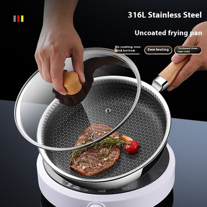 Toolavo 316 Stainless Steel Uncoated Frying Pan – Honeycomb Non-Stick Pan with Multi-Layer Base & Glass Lid, Flat Bottom, Modern Design (16–24cm) - Toolavo