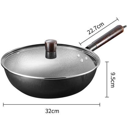 toolavo Old Iron Pot – Hand-Forged Non-Coated Non-Stick Frying Pan with Glass Lid, 32cm Chinese Style - Toolavo