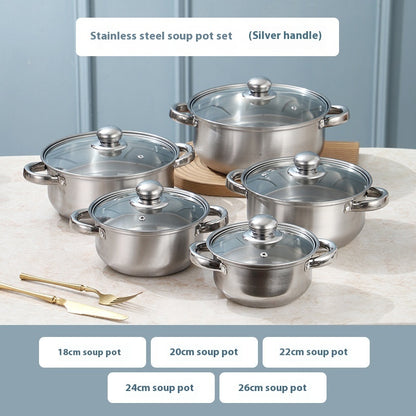 Toolavo Stainless Steel Soup Pot & Steamer Combination Set – 5-Piece Uncoated Cookware with Glass Lids, Induction & Gas Compatible, Durable Everyday Kitchen Pots - Toolavo