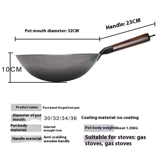 Toolavo Handmade Non-Coated Frying Pan – Non-Stick Refined Iron Pan with Wooden Handle & Glass Lid | Chinese Style Stir-Fry Pan | Naturally Non-Stick, Chemical-Free | 28–36cm Sizes - Toolavo