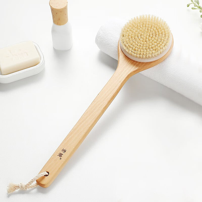 Toolavo Long Handle Pig Bristle Wooden Bath Brush – Soft & Hard Bristles for Body Scrub