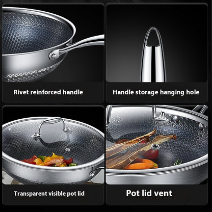Toolavo Double-Sided Honeycomb Frying Pan – 316 Stainless Steel Wok & Skillet with Glass Lid, Non-Stick, Tri-Layer Bottom (28cm / 30cm / 32cm / 34cm) - Toolavo