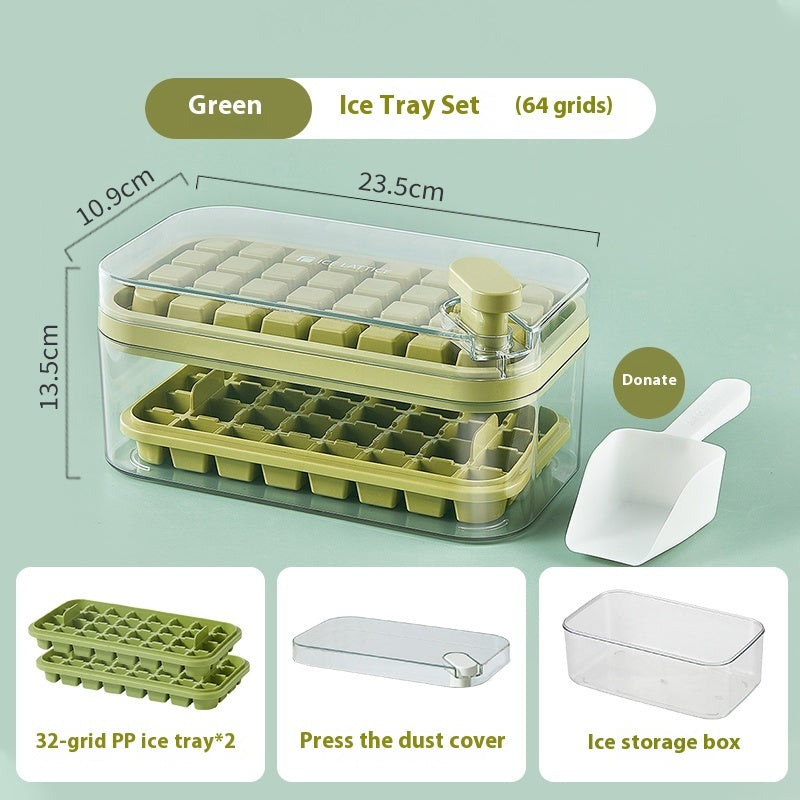 Toolavo Press Ice Tray with Box & Scoop – Food-Grade Refrigerator Ice Cube Maker (32/64 Grid Options)