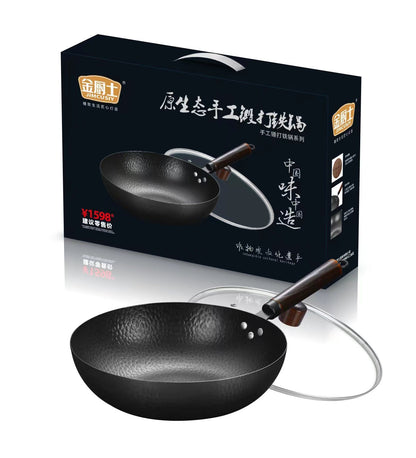 toolavo Old Iron Pot – Hand-Forged Non-Coated Non-Stick Frying Pan with Glass Lid, 32cm Chinese Style - Toolavo