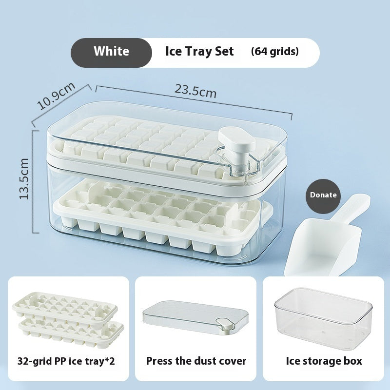 Toolavo Press Ice Tray with Box & Scoop – Food-Grade Refrigerator Ice Cube Maker (32/64 Grid Options)