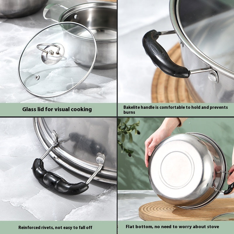 Toolavo Stainless Steel Soup Pot & Steamer Combination Set – 5-Piece Uncoated Cookware with Glass Lids, Induction & Gas Compatible, Durable Everyday Kitchen Pots - Toolavo