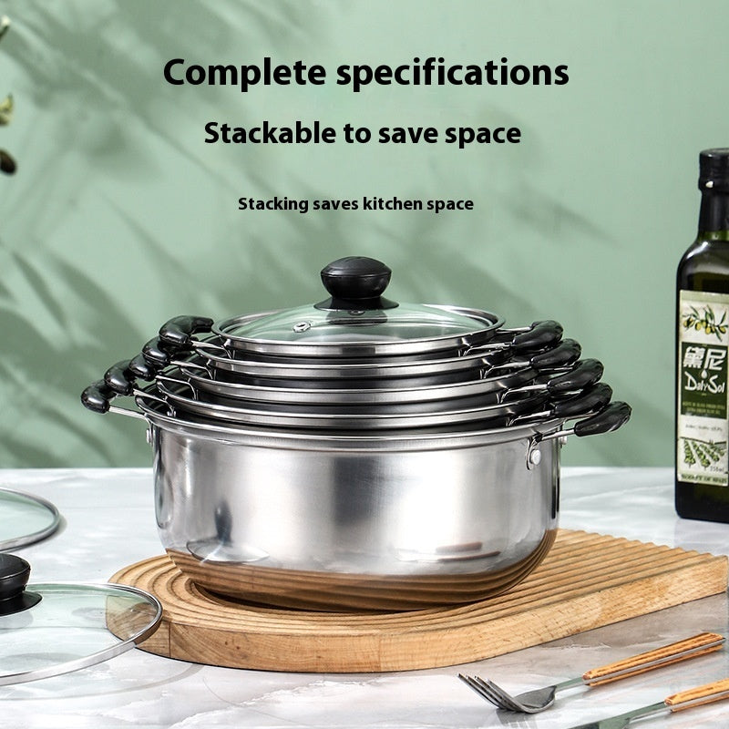 Toolavo Stainless Steel Soup Pot & Steamer Combination Set – 5-Piece Uncoated Cookware with Glass Lids, Induction & Gas Compatible, Durable Everyday Kitchen Pots - Toolavo