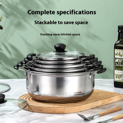 Toolavo Stainless Steel Soup Pot & Steamer Combination Set – 5-Piece Uncoated Cookware with Glass Lids, Induction & Gas Compatible, Durable Everyday Kitchen Pots - Toolavo