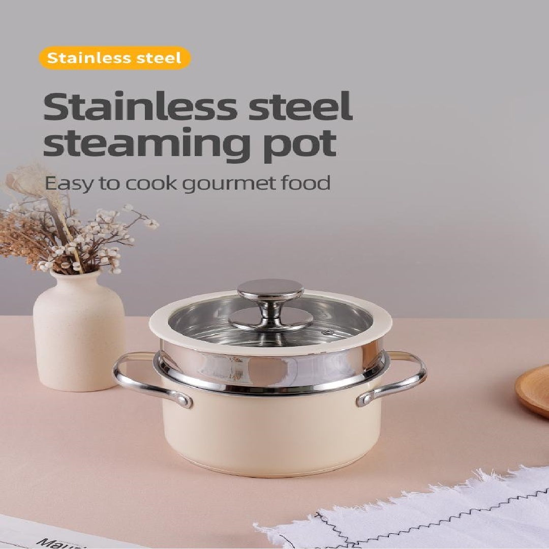 Toolavo Double Layered Pot – 304 Stainless Steel Ceramic-Coated Stockpot with Steamer & Glass Lid, Dishwasher Safe, Suitable for All Cooktops - Toolavo