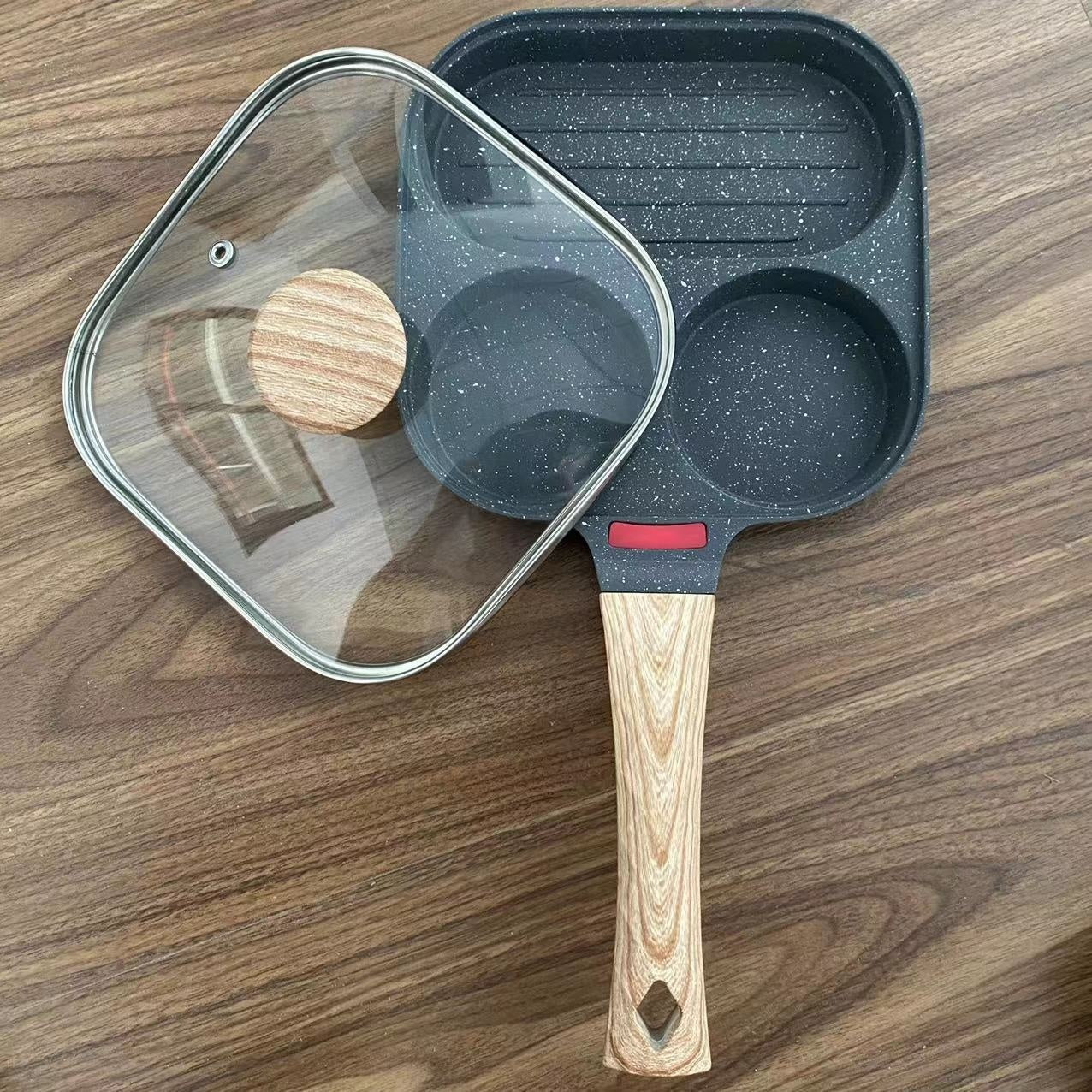 Toolavo 4-Hole Non-Stick Frying Pan with Lid – Aluminum Alloy Breakfast Skillet for Eggs, Pancakes & Tamagoyaki, Induction Compatible, Easy-Clean Design - Toolavo