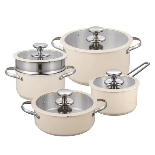 Toolavo 9-Piece Stainless Steel Ceramic Coated Cookware Set – Includes Milk Pot, 2 Stockpots, 1 Non-Stick Pan, 4 Glass Lids & 1 Steamer | Gas & Induction Compatible | Eco-Friendly, Oven & Dishwasher Safe - Toolavo
